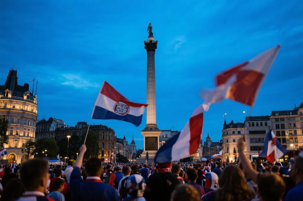 黄昏时分的城市地标广场与球迷旗海，蓝调时刻，纪实摄影风格